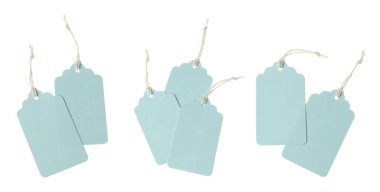 Beyaz arka planda bir sürü boş etiket, kolaj. Tasarım için model