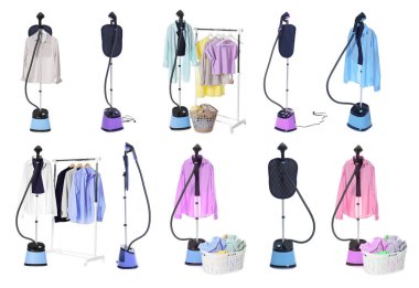 Modern dik vapurlar ve giysiler beyaz sette izole edilmiş.