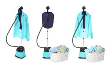 Modern dik vapur ve giysiler beyaz sette izole edilmiş.