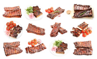 Beyaz arka planda nefis ızgara kaburgalar, kolaj.