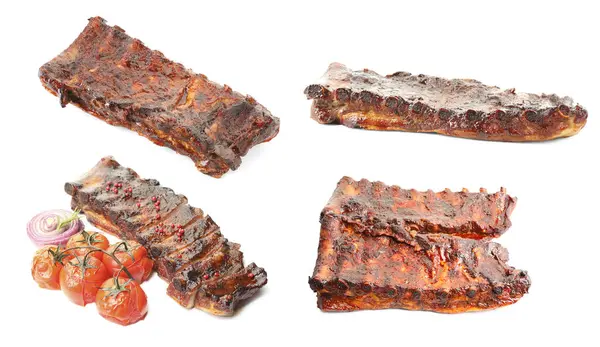 Beyaz arka planda nefis ızgara kaburgalar, kolaj.