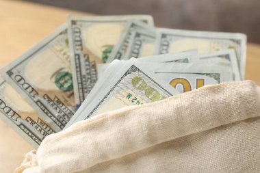 Masanın üzerinde dolar banknotları olan çanta, yakın plan.