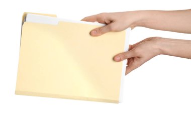 Beyaz arkaplanda kağıt dosya dizini tutan kadın, kapat