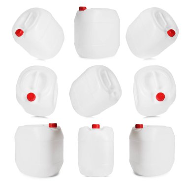 Beyaz arka planda plastik kutu, kolaj. Farklı taraflardan görünüm