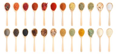 Beyaz arka planda tahta kaşıklardaki farklı aromatik baharatlar, set. Üst görünüm