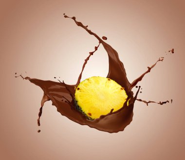 Soluk kahverengi arka planda sulu ananaslı çikolata sıçraması.