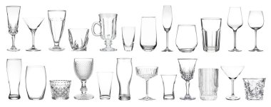 Beyaz arkaplanda farklı boş cam eşyalar, kolaj