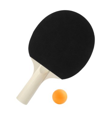 Ping pong raketi ve topu beyaza izole edilmiş.