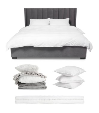 Yapılandırılmış yatak, yastıklar, battaniye ve yatak beyaz üzerine izole edilmiş, kolaj