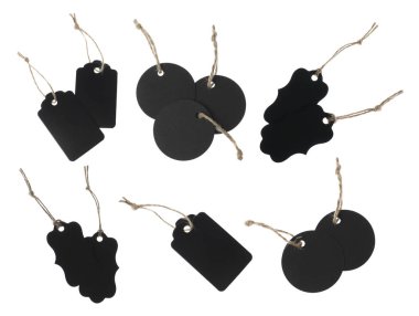 Beyaz arka planda bir sürü boş etiket, kolaj. Tasarım için model