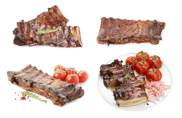 Beyaz arka planda nefis ızgara kaburgalar, kolaj.