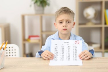 Okul derecesi. Elinde C harfi ve kapalı masa sembolü olan üzgün çocuk.
