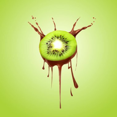 Yeşil arka planda sulu kivi ile çikolata sıçraması