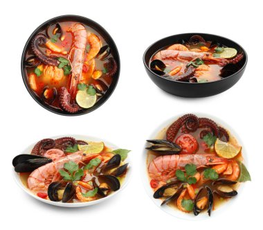 Beyaz kolajla izole edilmiş kâselerdeki lezzetli deniz ürünleri çorbası. Üst ve yan görünüm