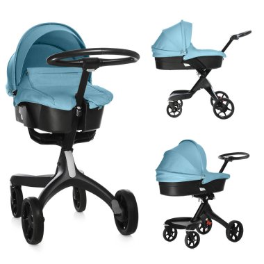 Bebek arabası. Açık mavi tenteli modern bebek arabası beyaz, farklı taraflarda izole edilmiş.