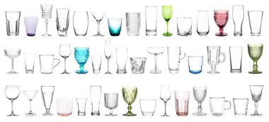 Beyaz arkaplanda farklı boş cam eşyalar, kolaj