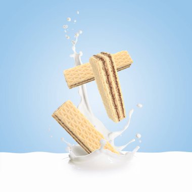 Lezzetli gevrek gofretler açık mavi arka plana süt sıçratıyor.