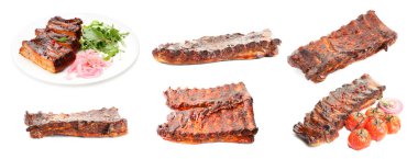 Beyaz arka planda nefis ızgara kaburgalar, kolaj.