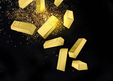 Siyah arka planda altın külçeleri ve tozlar