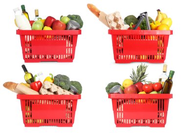 Beyaz arka planda farklı ürünler içeren alışveriş sepetleri, kolaj