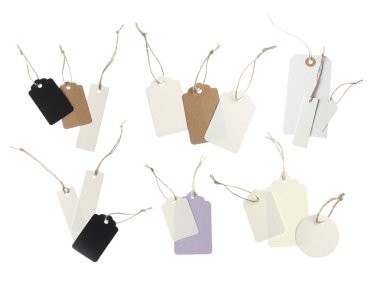 Beyaz arka planda bir sürü boş etiket, kolaj. Tasarım için model