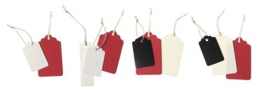 Beyaz arka planda bir sürü boş etiket, kolaj. Tasarım için model