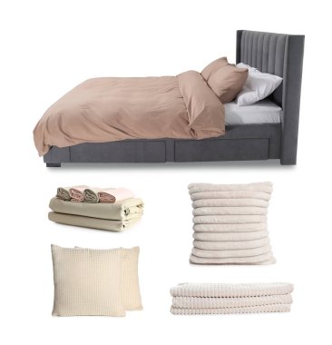 Yapılandırılmış yatak, yastıklar ve çarşaflar beyaza izole edilmiş, kolaj