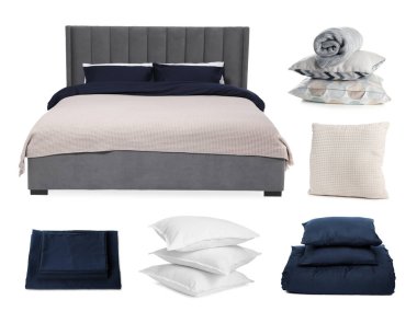 Yapılandırılmış yatak, yastıklar, battaniye ve beyaz çarşaflar, kolaj