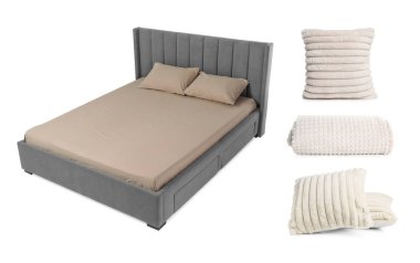 Çarşaflı yatak, yastıklar ve battaniye beyaz, kolaj