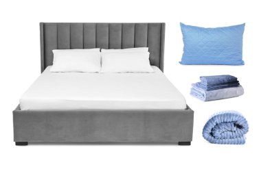 Yatak, çarşaf, yastık ve battaniye beyaz, kolaj