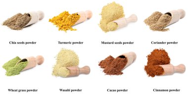 Farklı süper yiyecek tozları, kepçeler ve beyaz arka planda isimler, kolaj