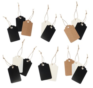 Beyaz arka planda bir sürü boş etiket, kolaj. Tasarım için model