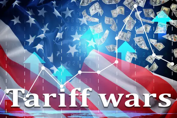 Gümrük savaşları. Amerikan bayrağı, grafik, oklar ve düşen dolarlar. Çift pozlama