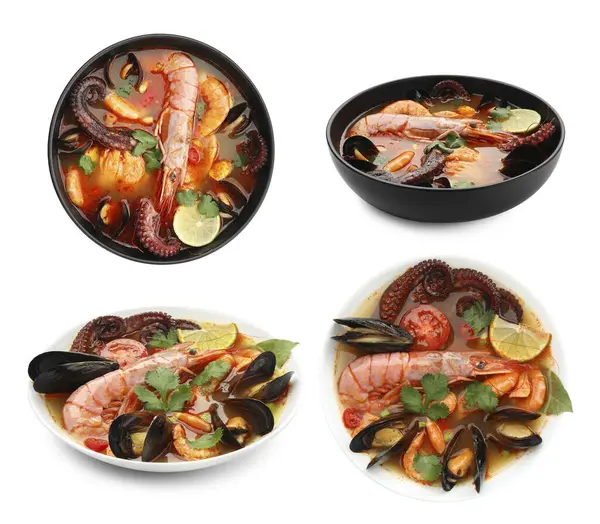 Beyaz kolajla izole edilmiş kâselerdeki lezzetli deniz ürünleri çorbası. Üst ve yan görünüm