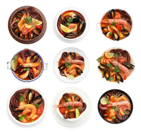 Beyaz kolajla izole edilmiş kâselerdeki lezzetli deniz ürünleri çorbası. Üst görünüm