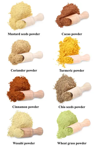 Farklı süper yiyecek tozları, kepçeler ve beyaz arka planda isimler, kolaj. Üst görünüm