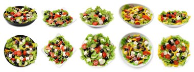 Beyaz arka planda lezzetli taze salatalar, kolaj. Üst ve yan görünüm