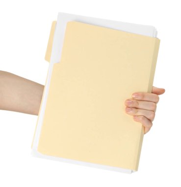 Beyaz arkaplanda kağıt dosya dizini tutan kadın, kapat