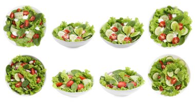 Beyaz arka planda sebzeli taze salatalar, kolaj. Üst ve yan görünüm