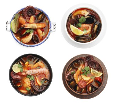 Beyaz kolajla izole edilmiş kâselerdeki lezzetli deniz ürünleri çorbası. Üst görünüm