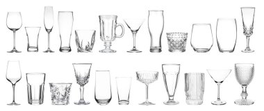 Beyaz arkaplanda farklı boş cam eşyalar, kolaj