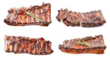 Beyaz arka planda nefis ızgara kaburgalar, kolaj.