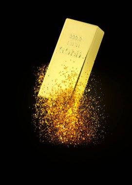 Siyah arka planda altın külçeleri ve tozlar