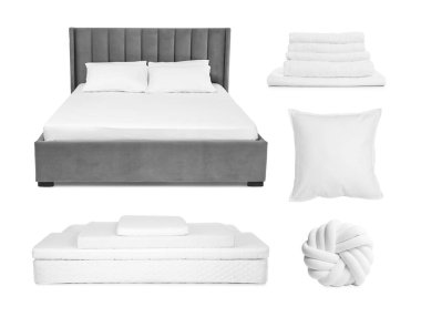 Yatak, havlu, yastık ve döşekler beyaza izole edilmiş, kolaj
