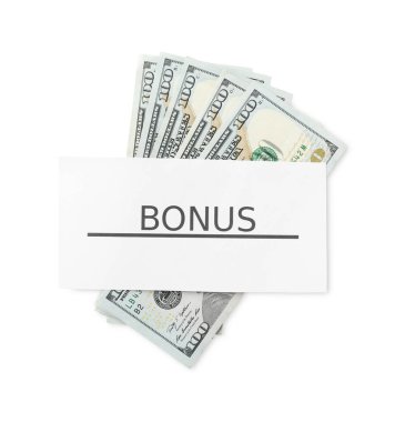 Dolar banknotları ve kart kelime bonus beyaz, üst görünüm izole