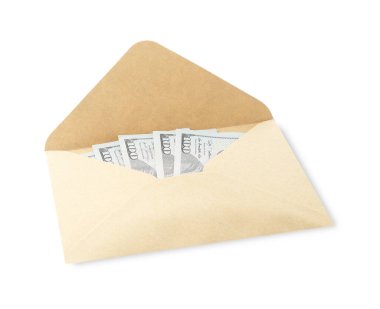 Para bonusu. Beyaz üzerine izole edilmiş dolar banknotları ile zarf