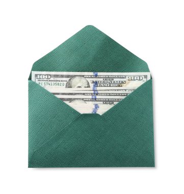 Para bonusu. Üzerinde dolar banknotları olan zarf beyaz, üst görünüm