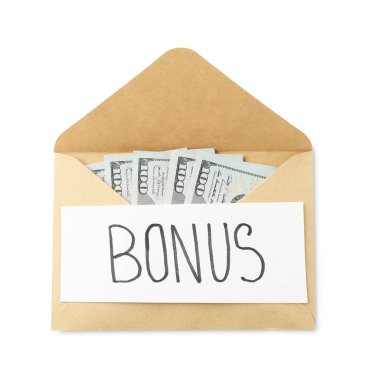 Zarfın içinde Bonus ve dolar banknotları beyaz, üst görünümde izole