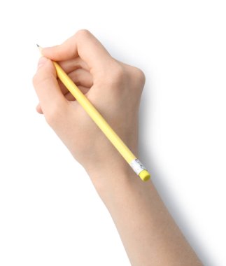 Beyaz arka planda grafit kalemi olan kadın, üst görünüm