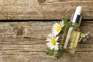 Ahşap masanın üzerinde bir şişe esaslı yağ ve papatya çiçeği, düzlük. Metin için boşluk